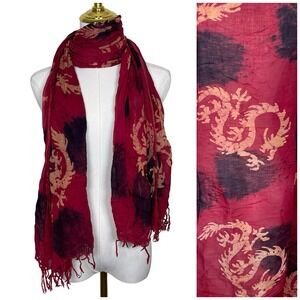 Vintage Funky People Dragon Tie Dye Sheer Lightweight Scarf Wrap Red Black Boho